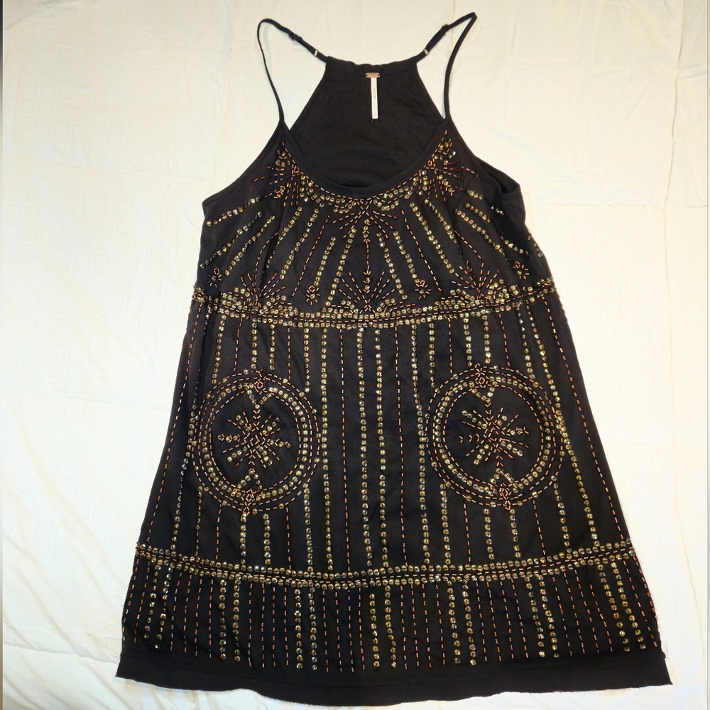 Free People Beaded Slip Dress Black Embellished Mini Tunic Size SP - Picture 7 of 12